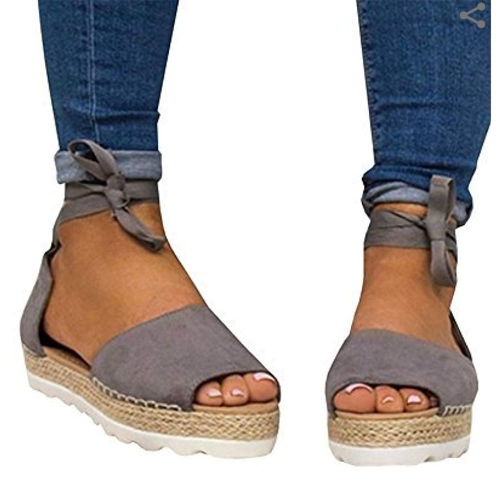 Grey peep toe espadrilles with ankle strap